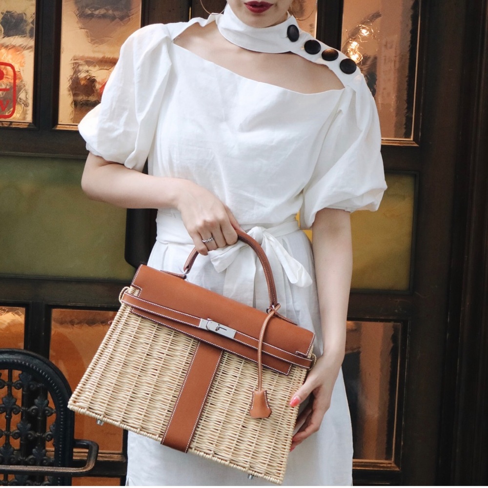 Hermes Barenia Leather & Wicker Kelly 35 Picnic